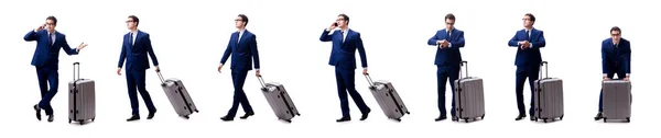 Молодой бизнесмен с чемоданом на белом фоне — стоковое фото