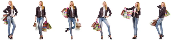 Belle femme avec des sacs à provisions isolés sur blanc — Photo