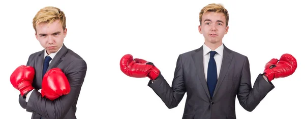 Empleado joven con guantes de boxeo aislados en blanco — Foto de Stock