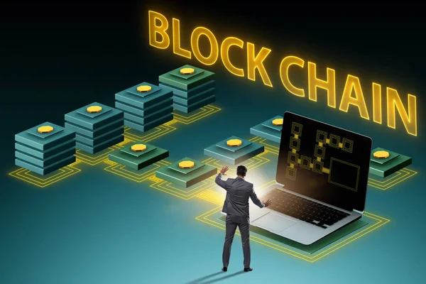 Jovem empresário em conceito blockchain inovador — Fotografia de Stock