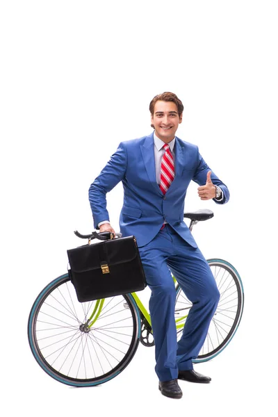 Młody biznesmen korzystający z roweru do dojazdów do biura — Zdjęcie stockowe