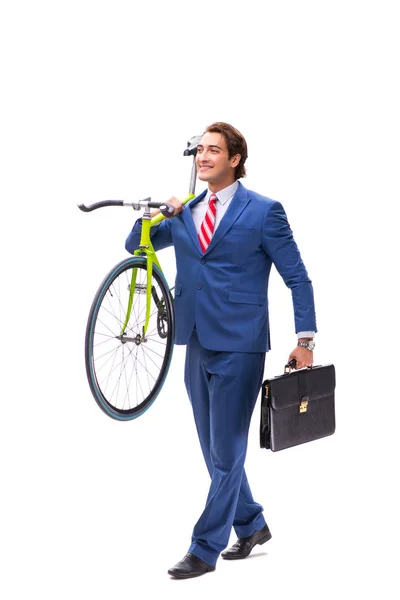 Młody biznesmen korzystający z roweru do dojazdów do biura — Zdjęcie stockowe