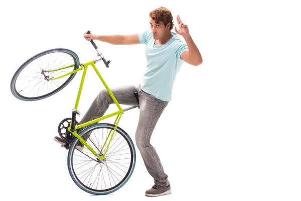 흰색 배경에 고립 된 자전거를 타고 젊은 남자 — 스톡 사진