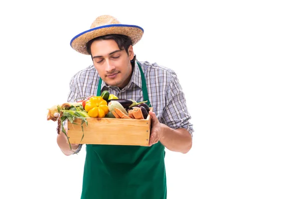 Fiatal mezőgazdasági termelő friss, fehér alapon izolált termékkel — Stock Fotó