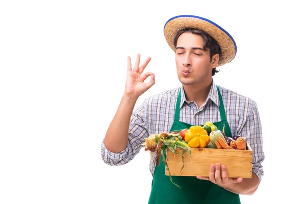 Jeune agriculteur avec des produits frais isolés sur fond blanc — Photo