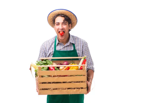 Jovem agricultor com produtos frescos isolados sobre fundo branco — Fotografia de Stock