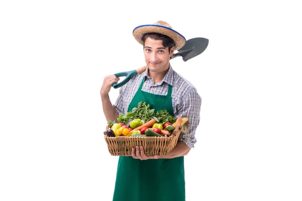 Mladý zemědělec s čerstvým produktem izolované na bílém pozadí — Stock fotografie