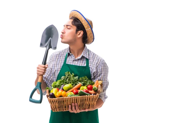 Joven agricultor con productos frescos aislados sobre fondo blanco — Foto de Stock