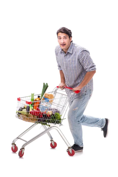 Jonge man met supermarkt kar trolley op wit — Stockfoto