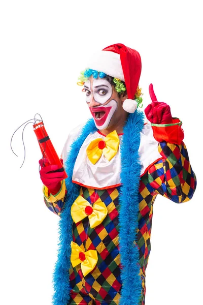 Giovane buffo clown comico isolato su bianco — Foto Stock