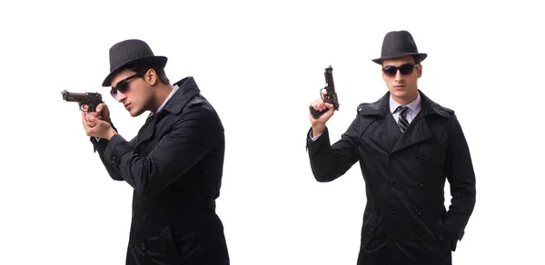 Muž špion s pistolí izolované na bílém pozadí — Stock fotografie