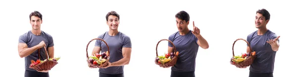 Homem promovendo os benefícios da alimentação saudável e fazendo esportes — Fotografia de Stock