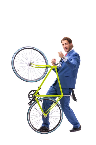 Joven hombre de negocios con bicicleta para viajar a la oficina — Foto de Stock