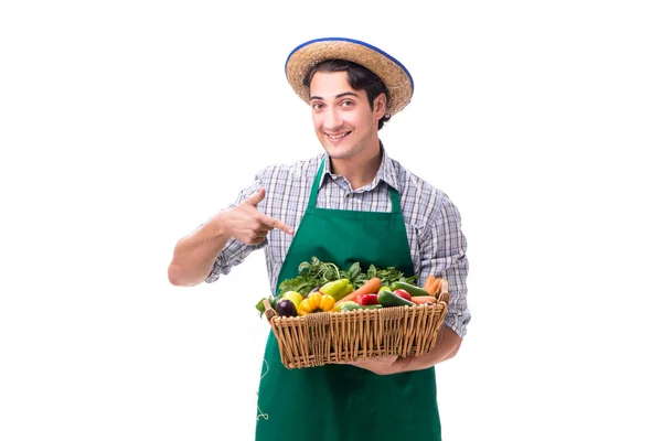 Jonge boer met verse producten geïsoleerd op witte achtergrond — Stockfoto