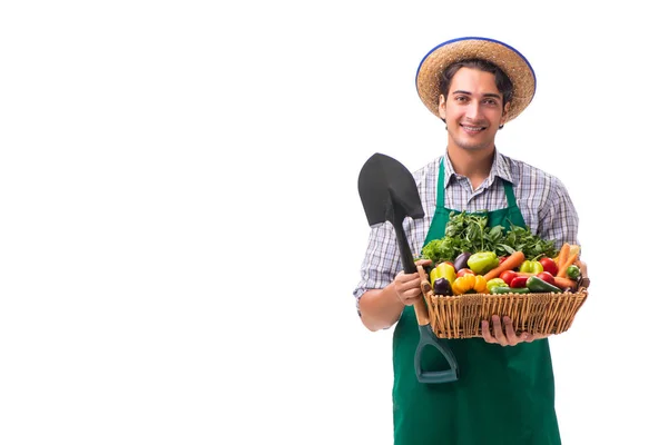 Jovem agricultor com produtos frescos isolados sobre fundo branco — Fotografia de Stock