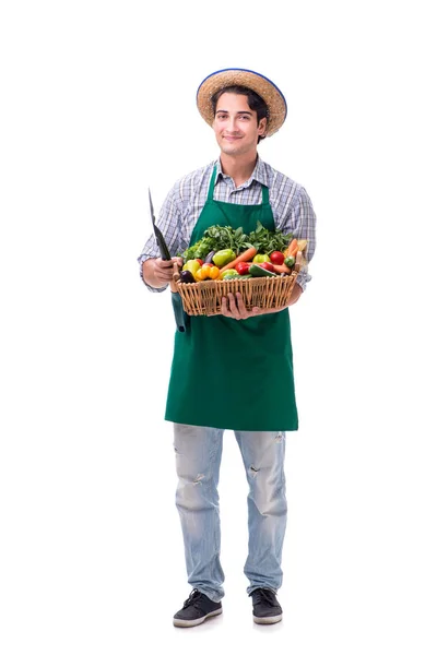 Joven agricultor con productos frescos aislados sobre fondo blanco —  Fotos de Stock