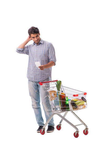 Young man with supermarket cart trolley on white