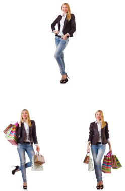 güzel bir kadın ile alışveriş torbaları üzerinde beyaz izole