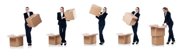 Woman businesswoman with boxes on white — Stock Photo, Image