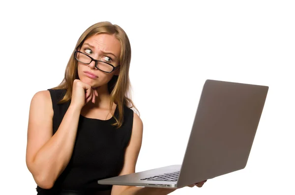 Mulher com laptop isolado no branco — Fotografia de Stock