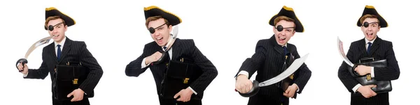 Młody człowiek w stroju pirata kapelusz na białym tle — Zdjęcie stockowe