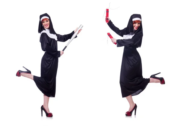 Nonne mit Baseballschläger auf Weiß — Stockfoto
