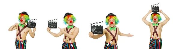 Clown met filmbord op wit — Stockfoto