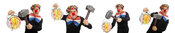 Rolig clown med hammare och klockan på vit — Stockfoto