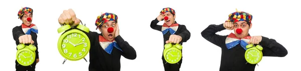 Legrační klaun s hodinami izolovaných na bílém — Stock fotografie