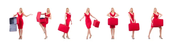 Mujer en vestido rojo y estuche de viaje aislado en blanco —  Fotos de Stock