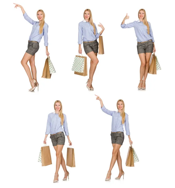 Woman with shopping bags isolated on white — Stock Photo, Image