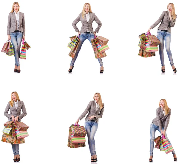 Женщина с сумками для покупок изолирована на белом — стоковое фото