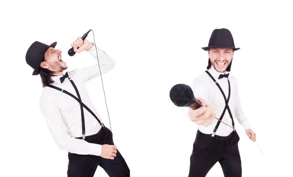 Homem engraçado cantando isolado no branco — Fotografia de Stock