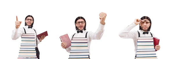 Estudiante divertido con libros aislados en blanco — Foto de Stock