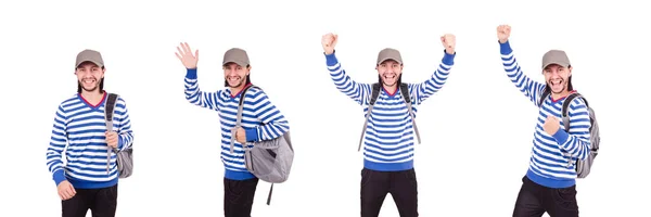 Estudante com mochila isolada no branco — Fotografia de Stock