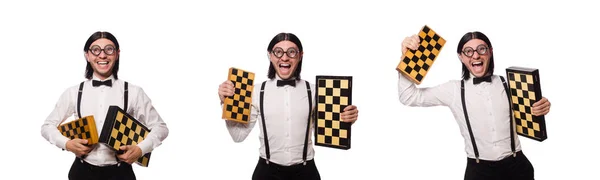 Nerdowy szachista odizolowany na białym — Zdjęcie stockowe