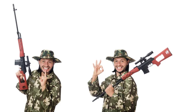 Soldado com armas isoladas em branco — Fotografia de Stock