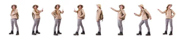 Mujer con sombrero de safari en blanco —  Fotos de Stock