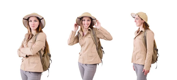Donna che indossa un cappello safari sul bianco — Foto Stock