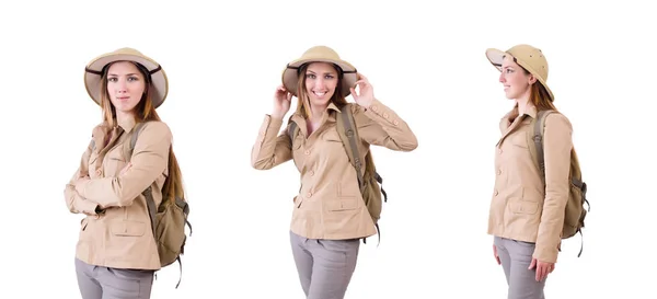 Mujer con sombrero de safari en blanco — Foto de Stock