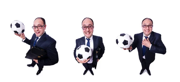 Businessman with football on white — Stockfoto