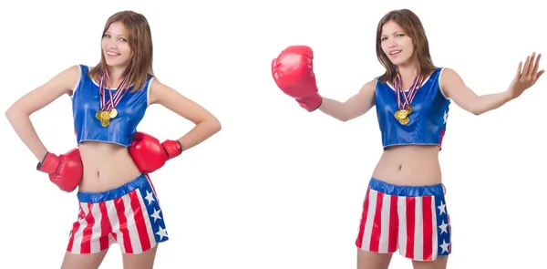 Jovem boxeador feminino com medalha de ouro isolada em branco — Fotografia de Stock