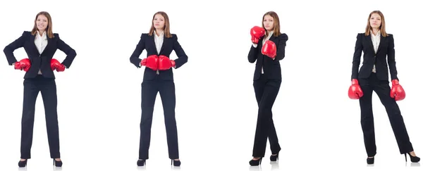 Mujer de negocios con guantes de boxeo aislados en blanco —  Fotos de Stock