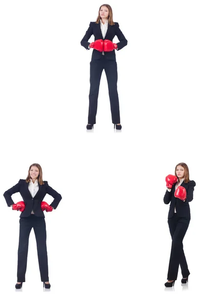 Businesswoman with boxing gloves isolated on white — Stock Photo, Image