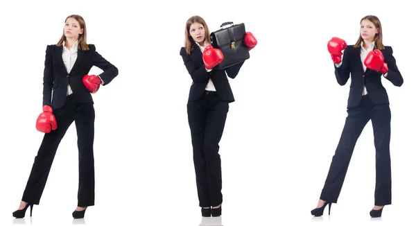 Businesswoman with boxing gloves isolated on white — Stock Photo, Image