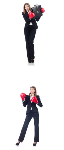 Businesswoman with boxing gloves isolated on white — Stock Photo, Image