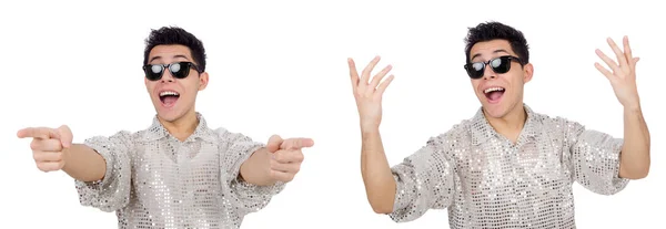 Hombre joven en camisa plateada aislado en blanco — Foto de Stock