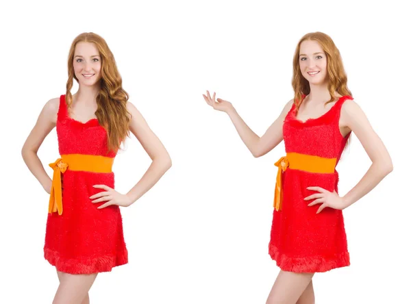 Young beautiful girl in red dress thunms up isolated on white — Stock Photo, Image