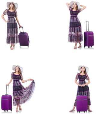 Bavullu genç bir kadın beyaz üzerine izole edilmiş. 