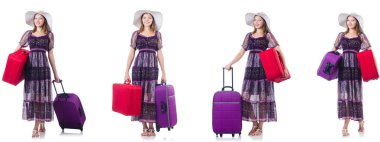 Bavul üzerinde beyaz izole olan kadın